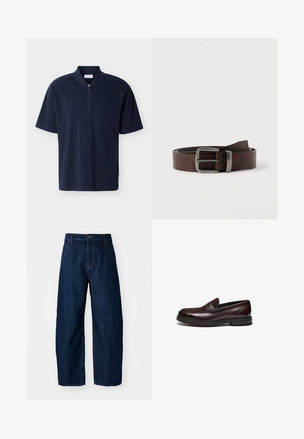 Marineblå kortærmet skjorte med opretstående krave og en centreret halvlynlås på en enkel baggrund.; Bredde ben mørk denim jeans med høj talje, som har fem lommer, knaplukning foran og synlige syninger.; Brune læder loafers med en ruskindsdetalje, rund tå og tekstureret gummisål. Har syet detaljering og en let hæl.; Mørkebrunt læderbælte med sølv rektangulært spænde, rullet og placeret mod en lys neutral baggrund.