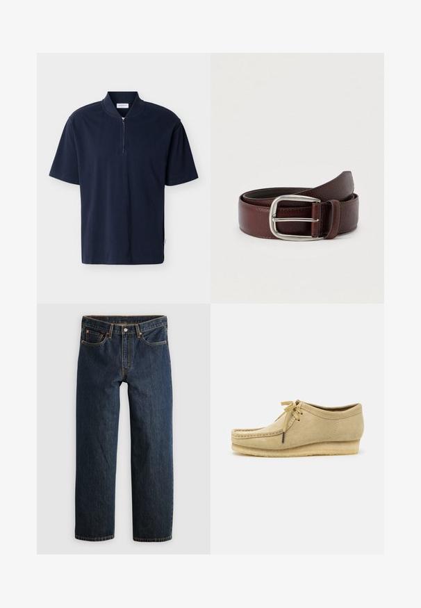 Marineblaues Kurzarmhemd mit Stehkragen und zentralem halb verlaufendem Reißverschluss vor einfarbigem Hintergrund.; Dunkelblaue Jeans aus Denim mit geradem Bein. Verfügen über fünf Taschen, kontrastierende Naht und eine Knopfverschluss am Bund.; Beige Wildlederschuh mit Schnürdesign, gestickten Details und Gummisohle. Die Form ist lässig mit einem leichten Keilabsatz.; Brauner Ledergürtel mit strukturierter Oberfläche, ausgestattet mit einer silbernen Metallschnalle und einer einzelnen Schlaufe zur Anpassung. Gewebtes Design in der Nähe der Schnalle.