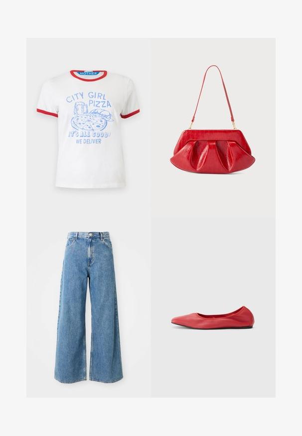 Weißes T-Shirt mit kurzen Ärmeln und rotem Besatz, blauem Druck von Pizza, Burger, Bier und dem Text „CITY GIRL PIZZA ALLES GUT, WIR LIEFERN.“; Hochbundige, hellblaue, weit geschnittene Jeans mit Frontknopf, Reißverschluss und Fronttaschen auf weißem Hintergrund.; Filippa K REY FLATS - Klassischer Ballerina - bright red; Rote Leder-Umhängetasche mit strukturiertem Rahmen, plissiertem Körper und dünnem, verstellbarem Riemen vor einfarbigem Hintergrund.