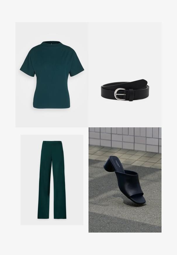 Haut à manches courtes teal avec un col montant, fabriqué en tissu lisse. Présente une silhouette ajustée et des détails de couture minimalistes.; Pantalon vert foncé à jambes droites, passants de ceinture, fermeture éclair à l'avant et jambes larges, posé à plat sur un fond blanc.; Mule en cuir noir à bout ouvert avec talon bloc, positionnée sur l'asphalte près d'une surface carrelée en arrière-plan.; Ceinture en cuir noir avec une boucle ronde en métal argenté, design plat, extrémité effilée, texture lisse et style minimaliste.