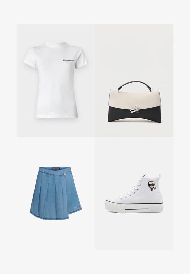 Witte katoenen T-shirt met een ronde hals. Heeft korte mouwen en een zwart logo met de tekst "KARL LAGERFELD JEANS" op de linkerborst.; Denim rok in lichtblauw met geplooid ontwerp, metalen knoopsluiting en geborduurd detail aan de zoom. Gladde textuur en A-lijn vorm.; Witte hoge canvas sneakers met een getextureerde rubberen zool, zwarte strepen en een cartoonpersonage-badge aan de zijkant. Eenvoudige stikdetails.; Zwart-witte leren handtas met gebogen vorm, bovenhandvat en decoratieve zilveren gesp op de voorflap.