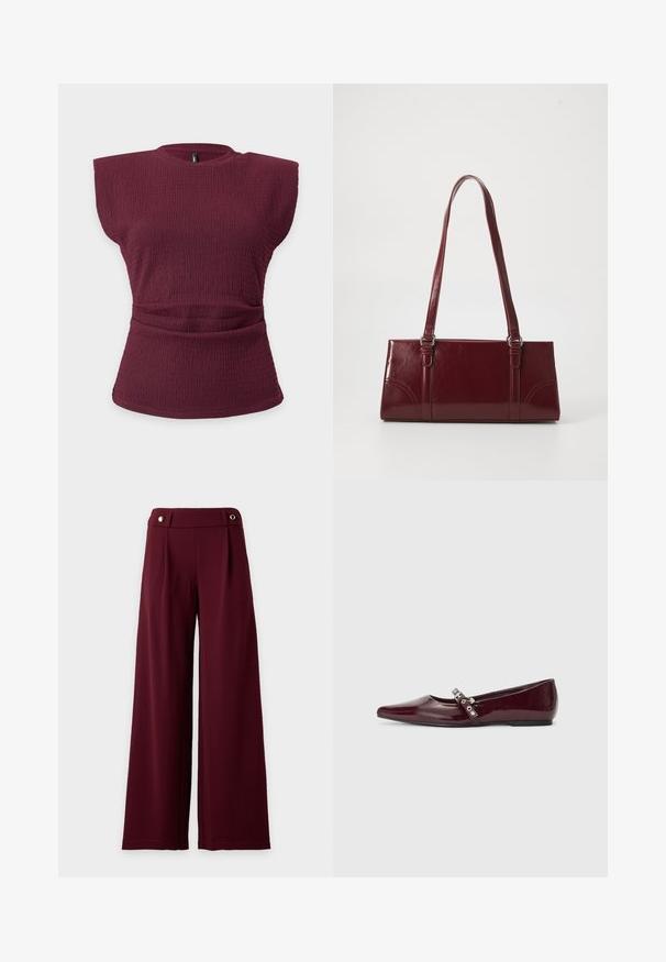 Mouwloze bordeauxrode, gestructureerde gebreide top met gevoerde schouders en een geplooid taille-detail op een effen lichte achtergrond.; Wijd uitlopende, hoog getailleerde broek in donker bordeaux stof met een aansluitende tailleband met twee gouden knoopdetails.; Bordeaux lakleren ballerina's met een spitse neus, enkelband met zilveren hardware en een platte zool. Vloeiende, glanzende textuur.; Bourgondische handtas van glanzend materiaal, rechthoekige vorm, met twee schouderbanden en subtiele gebogen accenten aan de voorkant.