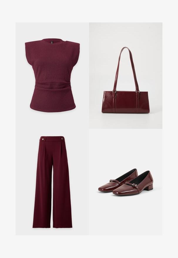 Mouwloze bordeauxrode, gestructureerde gebreide top met gevoerde schouders en een geplooid taille-detail op een effen lichte achtergrond.; Wijd uitlopende, hoog getailleerde broek in donker bordeaux stof met een aansluitende tailleband met twee gouden knoopdetails.; Een paar glanzende donkerrode lage hak schoenen met een klein gespbandje over de bovenkant, geplaatst op een effen lichtgrijze achtergrond.; Bourgondische handtas van glanzend materiaal, rechthoekige vorm, met twee schouderbanden en subtiele gebogen accenten aan de voorkant.