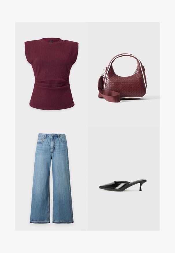 Haut sans manches en maille texturée bordeaux avec épaules rembourrées et détail taille froncée sur un fond clair uni.; Jean en denim bleu clair taille haute avec jambes larges, fermeture avant par bouton et fermeture éclair, et design à cinq poches.; Mules en cuir verni noir avec un bout pointu, un petit talon et des côtés courbés, présentant une finition brillante et un design minimaliste.; Sac à main en cuir tressé marron foncé avec poignée courbée, garniture blanche, fermeture éclair argentée et bandoulière large en tissu amovible sur fond uni.