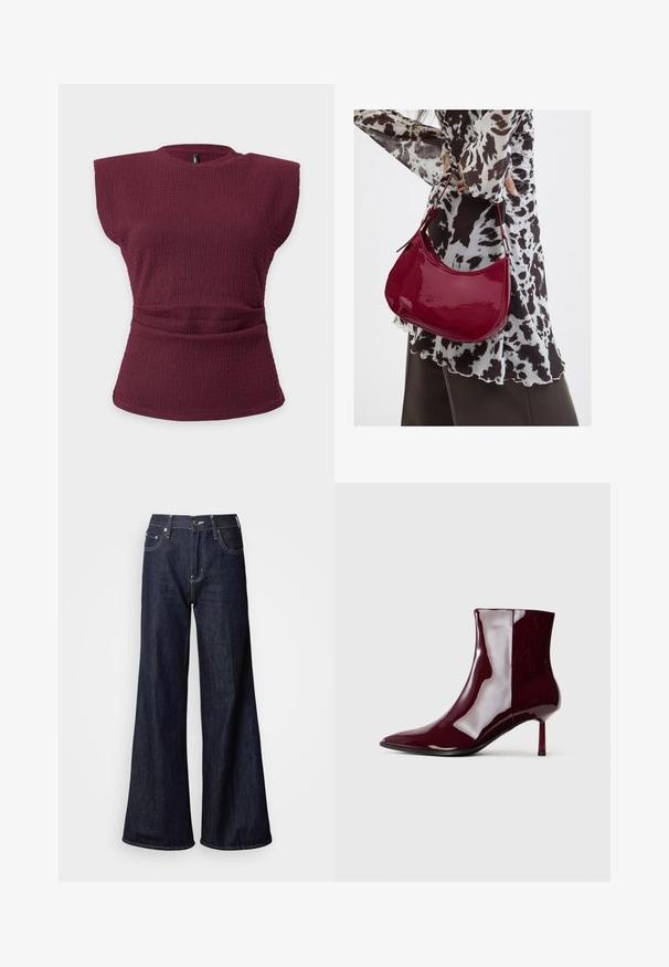Haut sans manches en maille texturée bordeaux avec épaules rembourrées et détail taille froncée sur un fond clair uni.; Jean à jambes larges en denim foncé, présentant une taille haute, cinq poches, des coutures blanches contrastantes et une texture lisse.; Bottine brillante rouge foncé à bout pointu et talon fin mi-haut sur un fond clair.; Femme portant un chemisier à motif noir et blanc tenant un sac à main rouge brillant sur un fond uni.