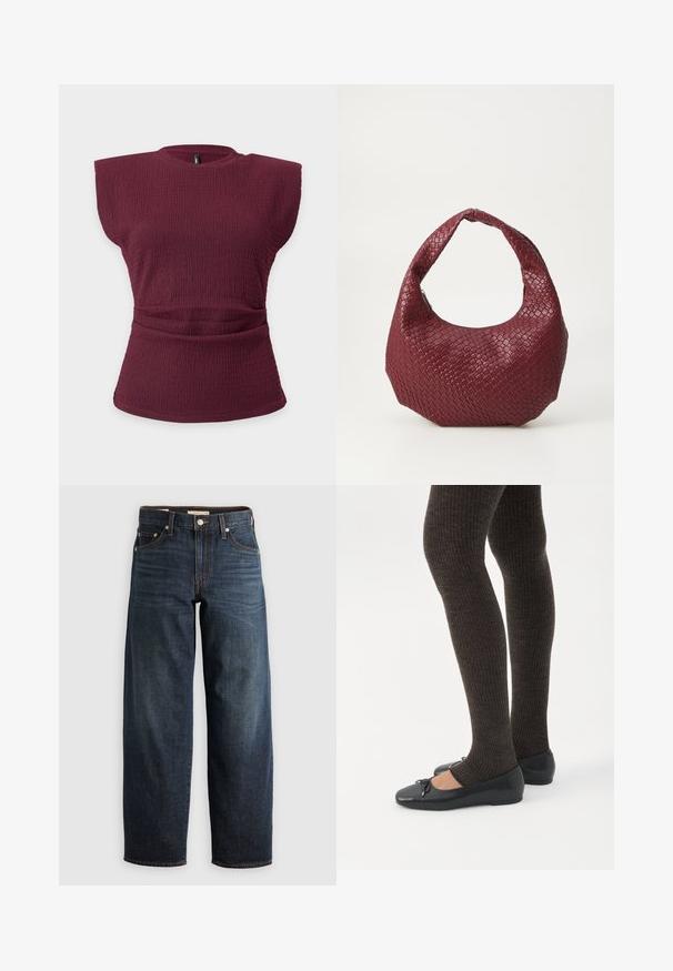 Top de punto sin mangas en color granate con textura, hombros acolchados y detalle de cintura fruncida sobre un fondo liso y claro.; Jeans oscuros de denim, con un diseño de pierna recta, estilo de cinco bolsillos, y acentos de costura superior con cierre de botón.; Piernas con leggings oscuros acanalados combinados con bailarinas negras que presentan pequeños detalles de lazo sobre un fondo blanco.; Bolso de mano burdeos tejido con una silueta redondeada, un solo asa y un acabado texturizado. Cierre con cremallera en la parte superior.