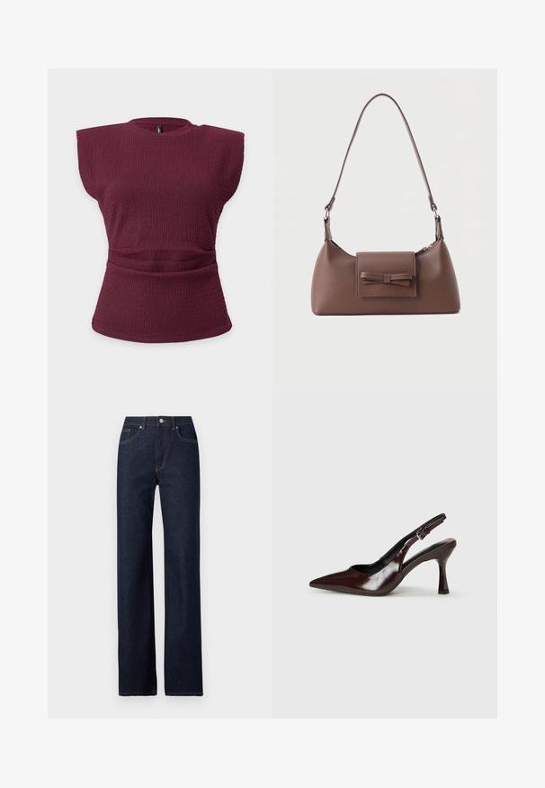 Ärmelloses, bordeauxfarbenes, strukturiertes Stricktop mit gepolsterten Schultern und einem gerafften Taillendetail vor einfarbig hellem Hintergrund.; Dunkelblaue Denim-Jeans mit geradem Bein, klassischem Fünf-Taschen-Stil, sichtbaren Nähten und einem Frontknopfverschluss.; Braune lackleder Slingback-Absätze mit spitzem Zehen, einem dünnen Absatz und einem verstellbaren Riemen mit einer kleinen Schnalle.; Braune Leder-Umhängetasche mit einer vorderen Klappentasche, die ein gestepptes Schleifendetail und einen verstellbaren Riemen aufweist.
