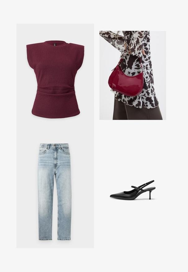 Ærmeløs bordeaux tekstureret striktop med polstrede skuldre og en rynket taljedetalje på en ensfarvet lys baggrund.; Lysblå denimjeans med lige ben, med knap- og lynlåslukning, fem-lomme design og subtil falming.; Sorte læder slingback hæle med spids tå, slank justerbar rem og en stiletto hæl på cirka 5 cm, glat tekstur.; Kvinde iført en sort- og hvidmønstret bluse, der holder en blank rød skuldertaske mod en ensfarvet baggrund.