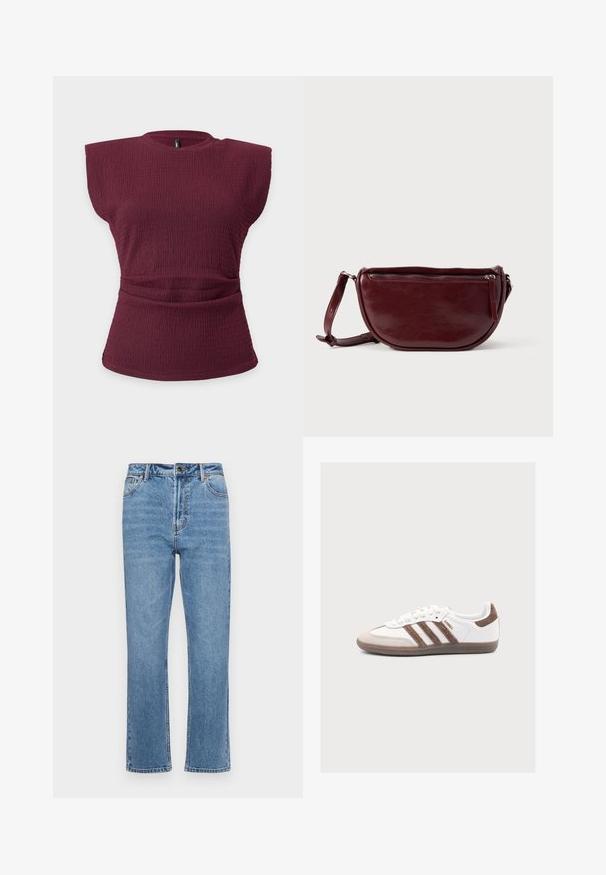 Sleeveless maroon textured knit top with padded shoulders and a gathered waist detail on a plain light background.; Light blue denim jeans with a straight-leg cut, five-pocket design, front button closure, and subtle fading on the fabric.; White Adidas Samba sneaker with brown suede stripes, brown suede toe, and gum sole on a light gray background.; Maroon leather handbag with a half-moon shape, a zip closure, and a detachable strap. Smooth texture with a subtle sheen.