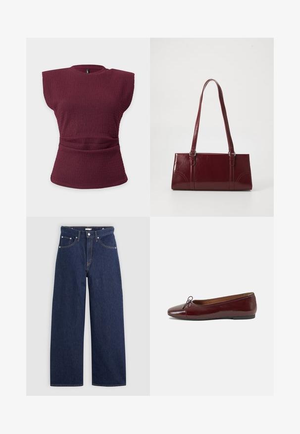 Ærmeløs bordeaux tekstureret striktop med polstrede skuldre og en rynket taljedetalje på en ensfarvet lys baggrund.; Mørkeblå denim brede ben jeans med høj talje, der har fem lommer, bæltestropper og detaljer med kobber stikninger. Glat tekstur.; Bordeaux patentlæder balletflad med rund tå, lille sløjfeaccent foran og en lav, sort gummisål. Glat tekstur.; Bordeaux håndtaske lavet af glansfuldt materiale, rektangulær form, med to skulderremme og subtile buede detaljer på forsiden.