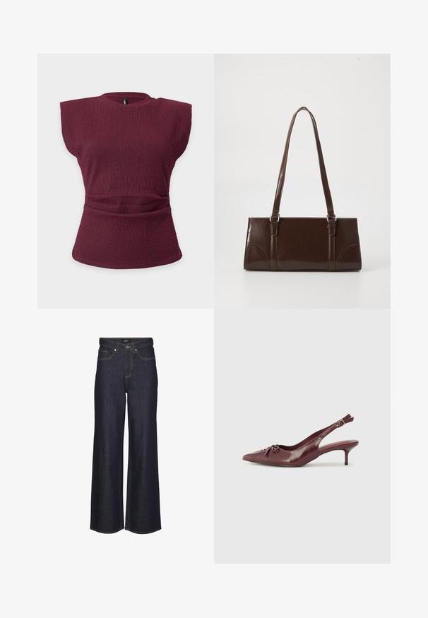 Ærmeløs bordeaux tekstureret striktop med polstrede skuldre og en rynket taljedetalje på en ensfarvet lys baggrund.; Højtaljede brede bukser i mørk denim. Har klassisk stikning, fem lommer og knaplukning foran.; Bordeaux læder slingback hæl med spidse tå, justerbar rem og dekorativ sløjfedetalje foran. 7,5 cm hælhøjde.; Brun lakeret håndtaske med rektangulær form, to lange håndtag og subtile buede detaljer på fronten.
