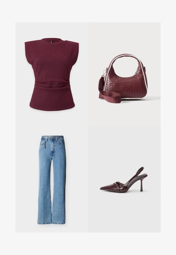 Haut sans manches en maille texturée bordeaux avec épaules rembourrées et détail taille froncée sur un fond clair uni.; Jean denim bleu clair taille haute avec jambes larges, cinq poches, et une ceinture en denim assortie avec œillets en métal et boucle.; Escarpin slingback en cuir verni bordeaux avec bout pointu, fine bride à la cheville et petit détail décoratif de boucle. Texture lisse et talon haut.; Sac à main en cuir tressé marron foncé avec poignée courbée, garniture blanche, fermeture éclair argentée et bandoulière large en tissu amovible sur fond uni.