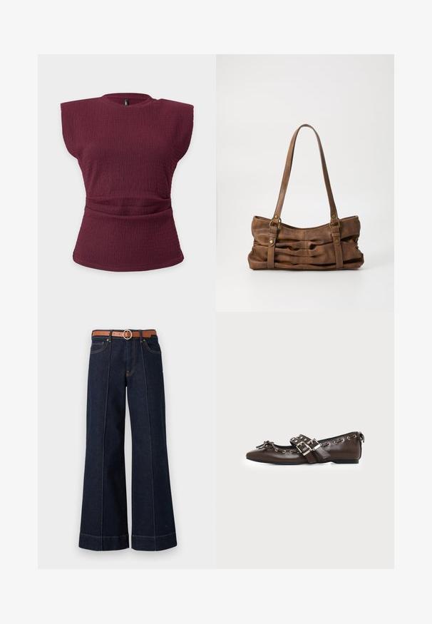 Ærmeløs bordeaux tekstureret striktop med polstrede skuldre og en rynket taljedetalje på en ensfarvet lys baggrund.; Mørkeblå denim wide-leg jeans med høj talje, brun bælte og synlige syningsdetaljer. Har forlommer og en afslappet pasform.; Mørkebrune lædersko med flad sål og spids snude, dobbelt sølvsnørrebånd, metaløjer og dekorativ sløjfe foran.; Even&Odd by Zalando Håndtasker - brown