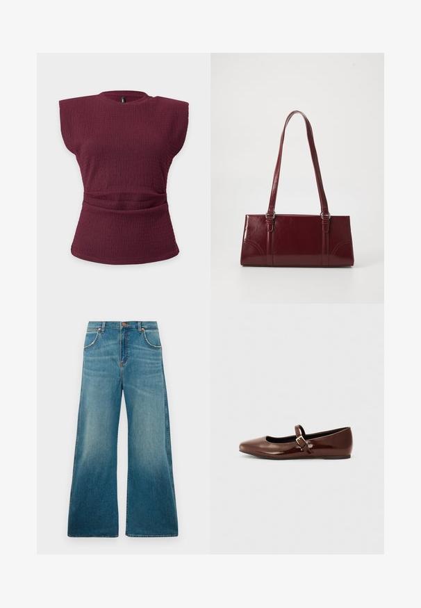 Ärmelloses, bordeauxfarbenes, strukturiertes Stricktop mit gepolsterten Schultern und einem gerafften Taillendetail vor einfarbig hellem Hintergrund.; Hochtaillierte blaue Jeans aus Denim mit weitem Bein, frontalen Taschen, Knopfverschluss und einem verblassten Farbverlauf von der Taille bis zum Saum.; Braune Lackleder-Ballerinas mit quadratischer Zehenform und Riemen mit einer kleinen goldenen Schnalle. Glatte Textur, niedriger Absatz und minimalistisches Design.; Burgunderfarbene Handtasche aus glänzendem Material, rechteckige Form, mit zwei Schulterriemen und subtilen, geschwungenen Akzenten an der Vorderseite.