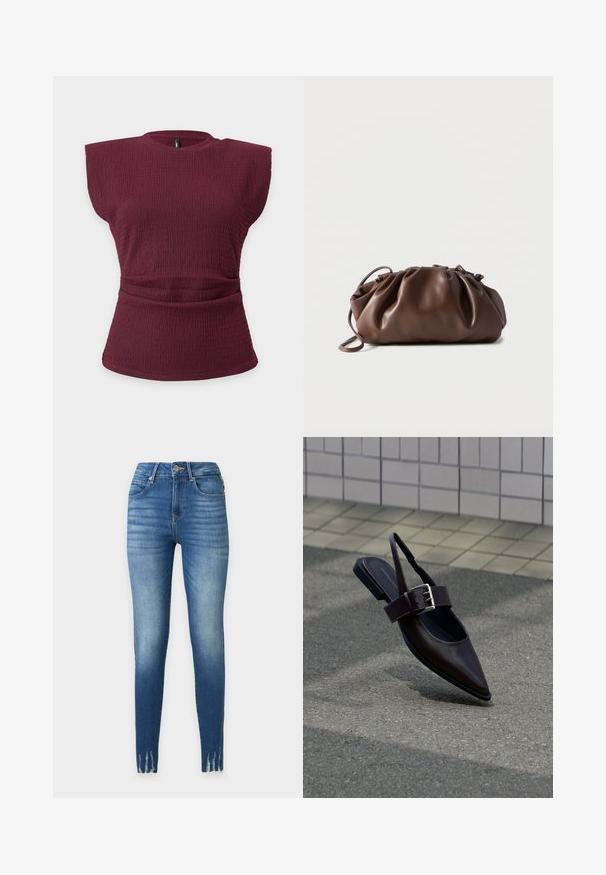 Haut sans manches en maille texturée bordeaux avec épaules rembourrées et détail taille froncée sur un fond clair uni.; Jean skinny taille haute bleu avec détails délavés sur les cuisses, style cinq poches, fermeture par bouton et zip, et ourlets effilochés.; Chaussure plate à bout pointu marron foncé avec bride arrière, large sangle et grande boucle argentée sur l'asphalte près d'un mur carrelé.; Sacoche en cuir marron doux avec un haut froncé et une fine bandoulière, posée sur un fond blanc.