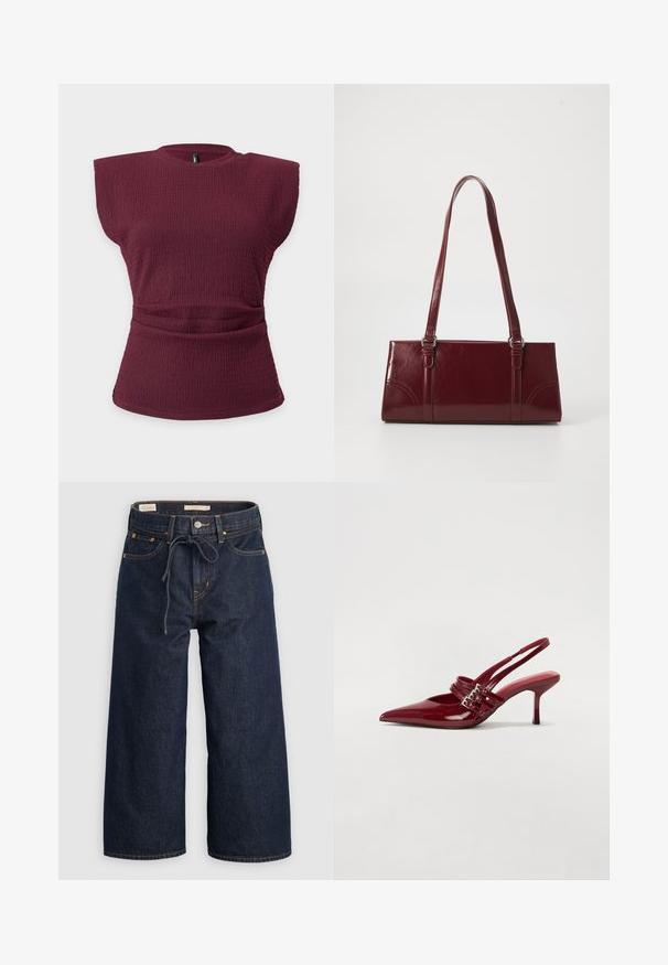 Ærmeløs bordeaux tekstureret striktop med polstrede skuldre og en rynket taljedetalje på en ensfarvet lys baggrund.; Mørkeblå vide denimjeans med elastisk talje og snor, forlommer og kontrasterende orange syninger.; Røde patenteret læder slingback hæle med spids tå, to spændebånd og en slank, mellemhøj stiletto hæl. Glat tekstur.; Bordeaux håndtaske lavet af glansfuldt materiale, rektangulær form, med to skulderremme og subtile buede detaljer på forsiden.