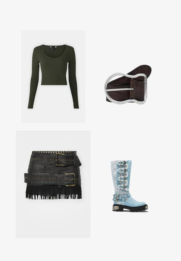 Oliivroheline pikakä sleeves crop top, mis on valmistatud ribakangast. Omab sügavat V-kaelust ja vormitud siluetti.; Mustast faux nahast seelik, millel on suured metallist pandlad, nurgast detailid ja lõhikud hemmi ääres. Struktureeritud disain koos mitme vööga.; Kõrge hele sinine saabas valge pitsilise pealiskihiga, neli külgmist pandlat, kaks pahkluu rihma, tikandiga paneel ja jäme must tald hõbedaste aktsentidega.; Pruun nahkvöö üle suurenenud, ainulaadse kumerusega hõbedase metallist pandlaga, kerituna valge tausta vastas.
