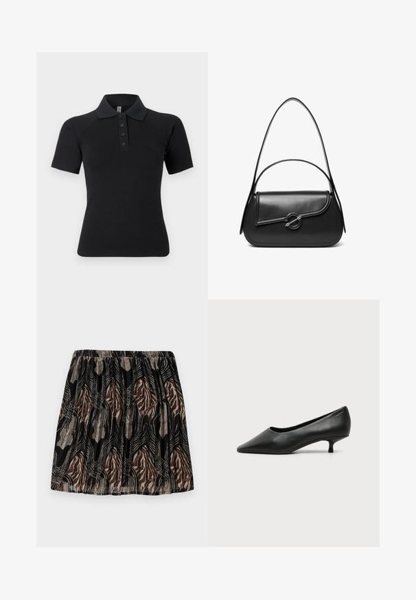 Polo negro de manga corta, con cuello acanalado y tapeta de cinco botones. Presenta una tela suave y elástica.; Falda negra con una cintura fruncida, que presenta un patrón abstracto en tonos marrón y beige, acentuada con líneas y texturas metálicas.; Zapato de mujer negro de cuero con tacón bajo, puntera puntiaguda y pequeño tacón kitten sobre fondo claro liso.; Bolso de hombro de cuero negro con una solapa curva asegurada por un broche metálico redondo y una correa delgada y ajustable.