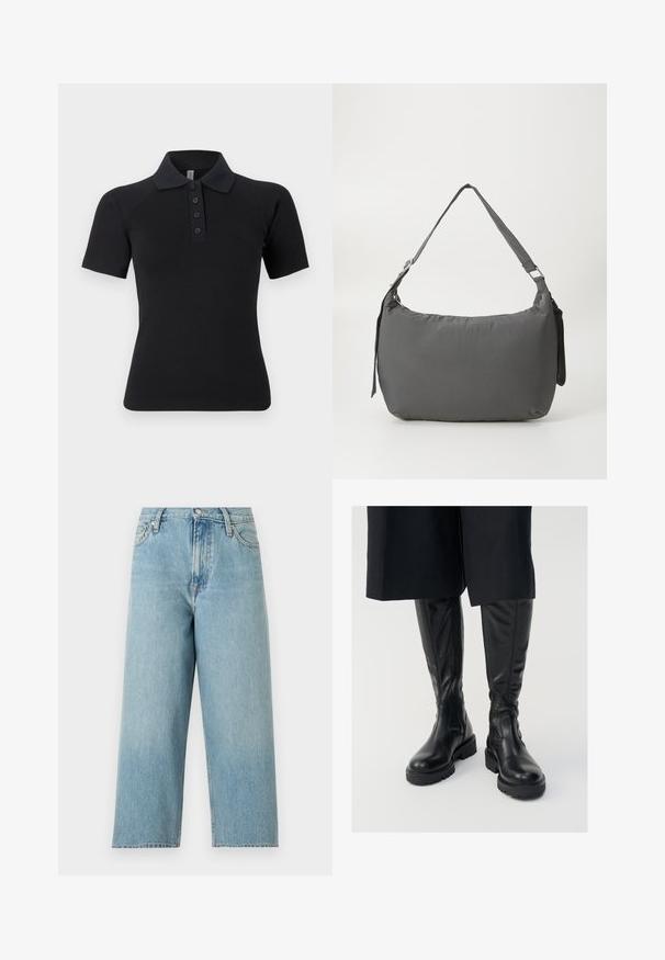 Zwart poloshirt met korte mouwen, geribde kraag en een knoopsluiting met vijf knopen. Gemaakt van een glad, rekbaar stof.; Lichtblauwe jeans met hoge taille en wijde pijpen, voorzien van steekzakken aan de voorkant, riemlussen en een metalen knoopsluiting.; Zwarte leren kniehoge laarzen met een soepele textuur, dikke zolen en zijritsen. Het ontwerp heeft subtiele naaddetails.; Grijze, gewatteerde schoudertas met een gebogen vorm, een gladde textuur, een verstelbare schouderband en een subtiel reliëflogo aan de voorkant.