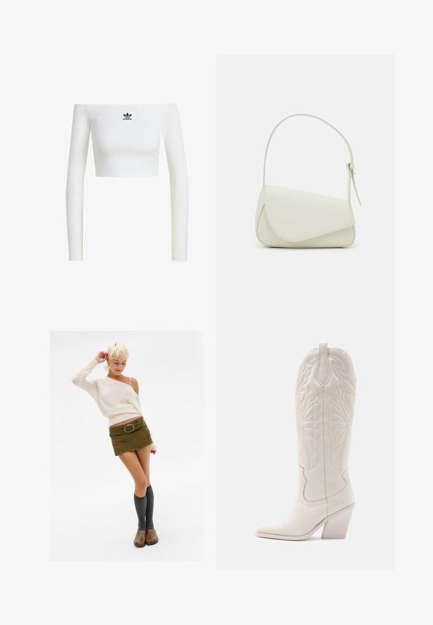 Hvid crop top med off-shoulder i ribbet stof, som har lange ærmer og et lille sort Adidas-logo på fronten.; Kvinde med kort blond hår iført en cremefarvet off-shoulder sweater, grøn mini-nederdel med bælte, knæhøje grå sokker og brune klipklappere, der poserer.; Hvide læder cowboystøvler med spidse tæer og blokhæle. Har intrikate syninger på skaftet og en glat tekstur.; Hvid taske i faux læder med en struktureret trekantet form, enkelt justerbart skulderstrop og en flaplås med kurver.