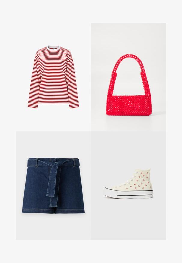 T-shirt manches longues avec col rond, rayures horizontales rouges et blanches, coupe décontractée et col blanc sur fond uni.; Shorts en denim bleu foncé, dotés d'une large ceinture et d'une ceinture en tissu. Texture lisse avec des détails de surpiqûres visibles sur l' ourlet.; Des baskets montantes en toile jaune, ornées d'un motif de petites fraises rouges, avec des lacets blancs et une semelle blanche rayée de noir.; Sac à main rouge en plastique perlé, avec une base carrée et une poignée incurvée. La surface présente une finition texturée et brillante avec un motif de perles.