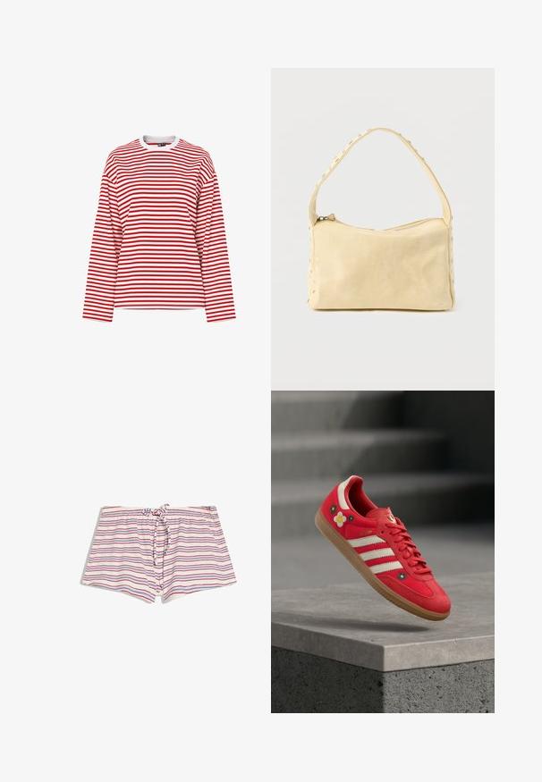 T-shirt manches longues avec col rond, rayures horizontales rouges et blanches, coupe décontractée et col blanc sur fond uni.; Shorts blancs avec des rayures horizontales rouges et bleues, taille élastique et cordon de serrage à l'avant.; Chaussure de sport rouge avec des rayures blanches, une broderie florale et une semelle en gomme. Tissu lisse avec des accents en daim. Modèle : Samba.; Petit sac à main en cuir beige avec une seule bandoulière et des clous argentés le long des bords et de la bandoulière, posé sur un fond uni.