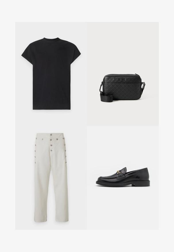 Won Hundred CREED - T-shirt basic - black; Crème-kleurige broek met een rechte snit en decoratieve knopen van zilverkleur aan beide zijden, gemaakt van een gladde stof.; Zwarte leren instappers met een ronde neus, voorzien van een gouden hardware accent en stikdetails, geplaatst op een lage, getextureerde rubberen zool.; Zwarte gestructureerde schoudertas met een gegraveerd geometrisch patroon en een verstelbare strap met het merkenlogo.