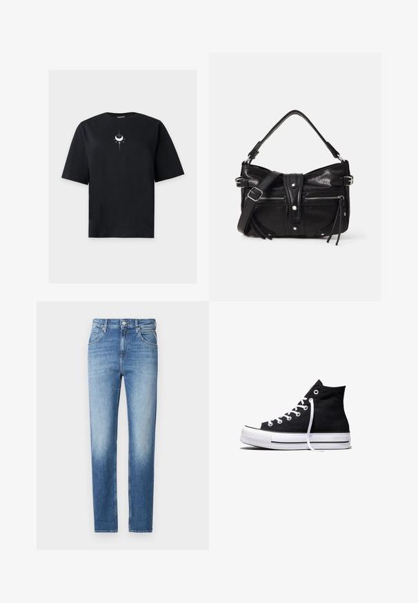 Sort T-shirt med korte ærmer med et lille hvidt motiv af en halvmåne og en stjerne centralt placeret nær kraven.; Lyseblå denimjeans med lige pasform, falmet tekstur, fem lommer og knaplukning i taljen. Distinktiv syningsdetalje.; Sort high-top canvas sneaker med hvid gummisål og hvide snørebånd, vist fra siden mod en hvid baggrund.; Even&Odd H24462 - Håndtasker - black