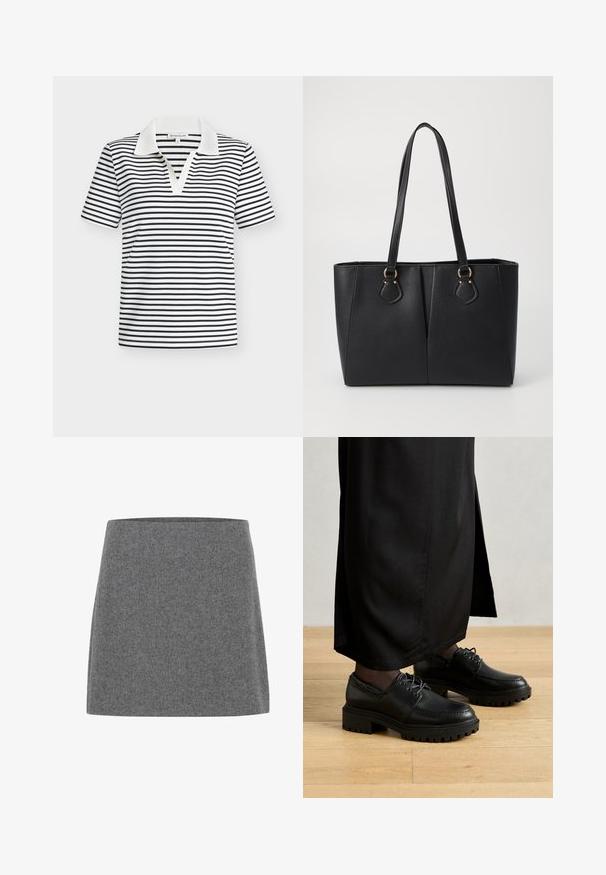 Polo rayé noir et blanc, avec un col blanc contrastant, des manches courtes et un décolleté en V. Tissu texturé.; Une mini-jupe en feutre gris avec une coupe droite et une texture lisse, dotée d'une large ceinture et sans coutures ni embellissements visibles.; Chaussures en cuir noir avec un bout arrondi, une semelle en caoutchouc épaisse et des lacets. Le design présente des coutures décoratives le long de la tige.; Sac fourre-tout noir en simili cuir avec une finition texturée, deux longues poignées et des accents en métal doré sur le côté. Shape rectangulaire.
