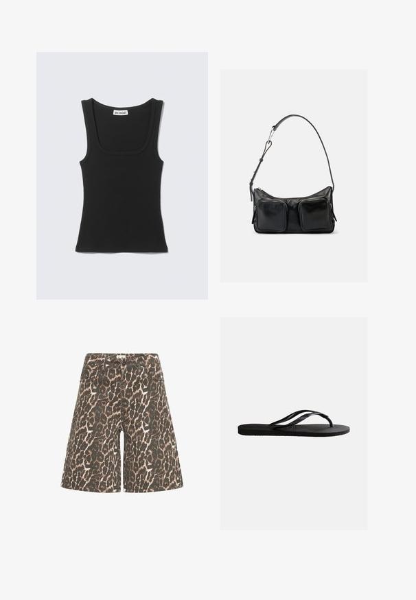 Débardeur noir côtelé sans manches avec larges bretelles et encolure carrée, étiqueté "WEEKDAY" à l'intérieur du col.; Shorts taille haute à coupe ample avec imprimé léopard marron et noir, bouton à l'avant, fermeture éclair, et poches avant et arrière.; Sandale tong en caoutchouc noir avec semelle texturée et fines brides en Y sur un fond blanc uni.; Sac à bandoulière en cuir noir avec bandoulière réglable et deux grandes poches zippées à l'avant sur un fond clair uni.