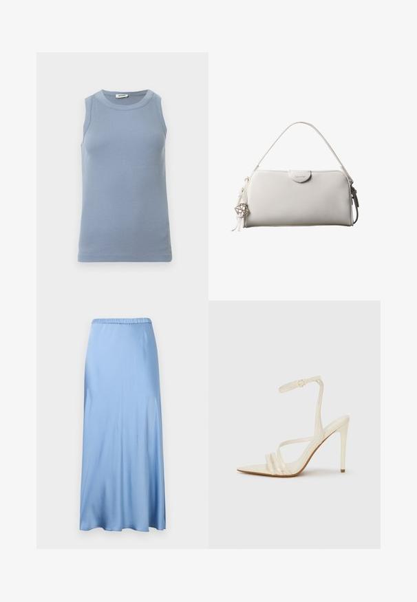 Haut bleu sans manches avec une texture côtelée, un col rond et une coupe ajustée. Le tissu semble lisse et léger.; Jupe midi en satin bleu clair avec une ceinture élastique, présentant une texture lisse et une légère silhouette en A. Sans motifs ni accents visibles.; Sandales à talons hauts beiges avec un bout pointu, comportant trois brides à l'avant et une fine bride à la cheville avec une boucle. Texture lisse, design minimaliste.; Sac à main rectangulaire blanc Calvin Klein avec une seule poignée, design minimaliste et pampilles décoratives avec un charm métallique géométrique sur le côté.