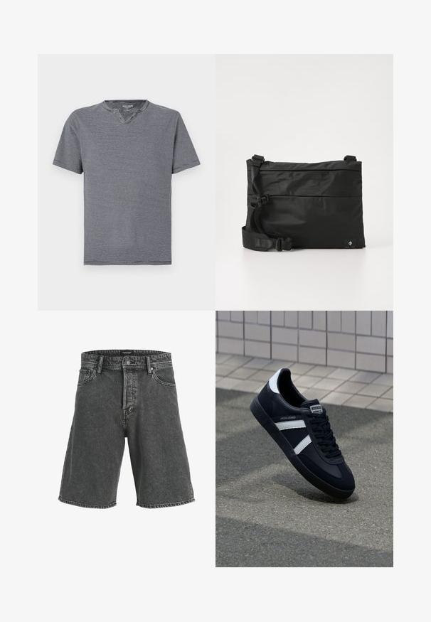 Kortærmet t-shirt i marineblå og hvid stribe med rund halsudskæring og to knapper, fremstillet af blødt bomuldsstof.; Sorte denimshorts med en afslappet pasform, der har en knaplukning, to forlommer og et diskret falmet mønster. Klassisk fem-lomme design.; Sort lædersneaker med hvide striber, tekstureret gummisål og snørrebånd foran. Har et brandet mærke på tungen.; Sort nylon messenger-taske med justerbar rem, fladt design og et sideetiket med et logo. Glat tekstur og minimalistisk stil.