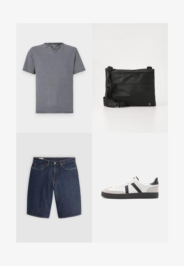 Kurzarm, navyblau-weiß gestreift T-Shirt mit einem runden Halsausschnitt und zwei Knöpfen, gefertigt aus weicher Baumwollware.; Dunkelblaue Denim-Shorts, ausgestattet mit einem klassischen Design, fünf Taschen, gestickten Nähten, einem Knopfverschluss und geschwungenen Gesäßtaschen.; Weiße Sneaker mit schwarz- und grau-aczenten, ausgestattet mit einer strukturierten grauen Zehenkappe, schwarzer Gummi-Sohle und flachen weißen Schnürsenkeln. Sauberes Design, minimalistische Stil.; Schwarze Nylon-Umhängetasche mit verstellbarem Riemen, flachem Design und seitlichem Etikett mit Logo. Glatte Textur und minimalistischer Stil.