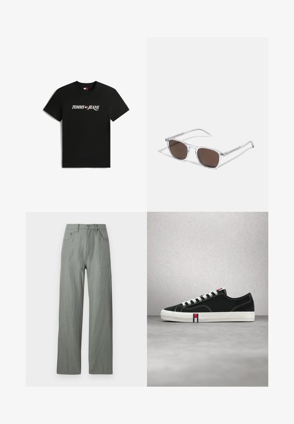 Camiseta negra de manga corta con texto blanco "Tommy Jeans" y logotipo de la bandera en rojo, blanco y azul centrado en el pecho.; Pantalones de pierna ancha en verde claro, hechos de una tela suave y texturada. Incluye un cierre de botón frontal y cinco bolsillos.; Zapatilla baja negra con cordones blancos y suela blanca, con el logo de Tommy Hilfiger en rojo, blanco y azul en la lengüeta y el lateral.; Gafas de sol de plástico transparente con lentes marrones rectangulares, que cuentan con finas varillas transparentes y acentos metálicos en las patillas.
