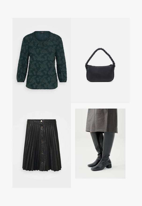 JDY JDYTRISS 3/4 FLOWER - Langarmshirt - scarab; VILA VIAMINA BUTTON SKIRT - Minirock - black; Kniehohe schwarze Lederstiefel mit quadratischer Zehenpartie, schrägem Blockabsatz und seitlichem Reißverschluss; glatte Textur und körperbetontes Design.; Schwarze Handtasche mit runder Form, aus glattem Material gefertigt. Verfügt über einen geflochtenen Griff und einen Reißverschluss für sicheren Stauraum.