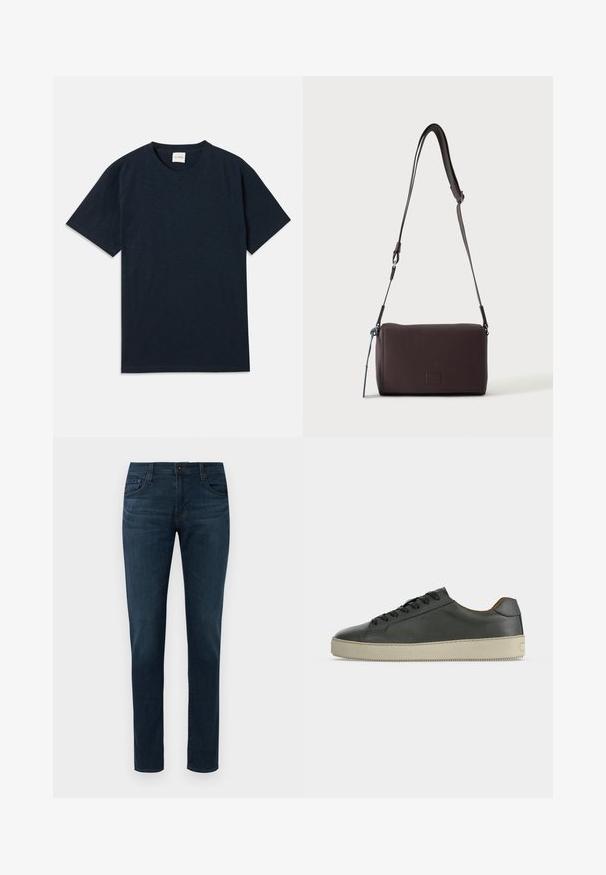 Effen donkermarineblauwe t-shirt met korte mouwen en ronde hals, voorzien van een klein reliëflogo nabij de onderzoom.; Donkerblauwe slim-fit jeans met vijf zakken, sluiting met een knoop aan de voorkant en ritssluiting, tentoongesteld tegen een witte achtergrond.; Zwarte lage leren sneaker met zwarte veters en off-white rubberen zool, gezien vanaf de buitenkant op een witte achtergrond.; Donkerbruine gestructureerde leren crossbodytas met verstelbare riem en klein decoratief blauw accent aan de zijkant.