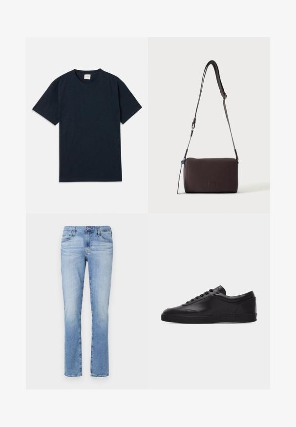 Ensfarvet mørkeblå kortærmet t-shirt med rund hals og lille præget logo nær den nederste kant.; Lyseblå denimjeans med lige ben, med knaplukning, fem lommer og let falmning i stoffet.; Sort lavtstående lædersneaker med snørebånd foran og flad gummisål, vist fra siden på en ensartet hvid baggrund.; Mørkebrun textured læder crossbody taske med justerbar rem og lille dekorativ blå accent på siden.