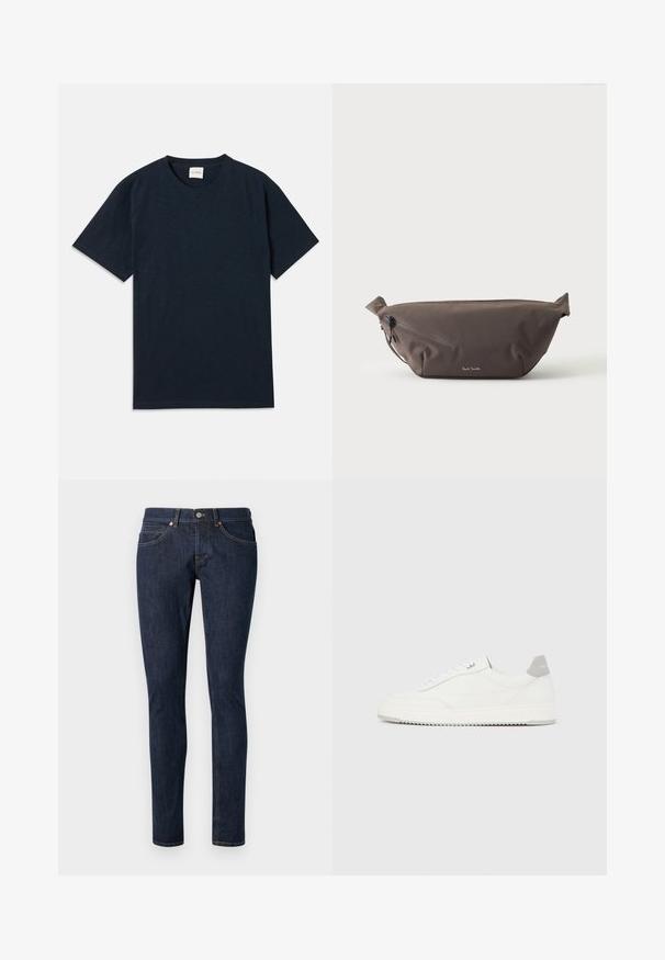 Ensfarvet mørkeblå kortærmet t-shirt med rund hals og lille præget logo nær den nederste kant.; Mørkeblå denim jeans med slim fit, der har fem lommer, kontrasterende orange syninger og en lynlås med en enkelt knaplukning.; Hvid lavtop-sneaker med gråt hælflig, hvide snørebånd og tekstureret sål, vist på en ensfarvet lys baggrund.; Mørkebrun stof talje taske med diagonalt lynlåslomme og lille hvidt logo på fronten, sat mod en ensfarvet lys baggrund.