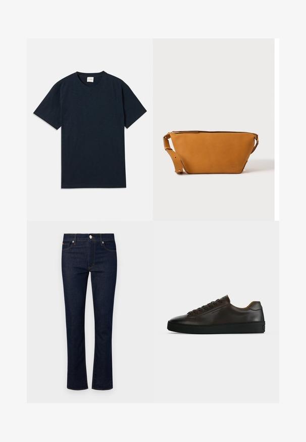 Ein einfarbiges, dunkelblaues Kurzarm-T-Shirt mit Rundhalsausschnitt und kleinem eingeprägtem Logo nahe dem unteren Saum.; Denim-Jeans mit einem dunkelblauen Waschung, geradem Bein, fünf Taschen und Kontrastnähten. Verfügt über einen vorderen Knopfverschluss.; Flach geschnittener dunkelbrauner Ledersneaker mit schwarzer Gummisohle, Schnürung vorne und schlicht-minimalistischem Design auf hellem Hintergrund.; Hellbraune Leder-Umhängetasche mit verstellbarem Schulterriemen und Reißverschluss, vor einem schlichten hellen Hintergrund gezeigt.