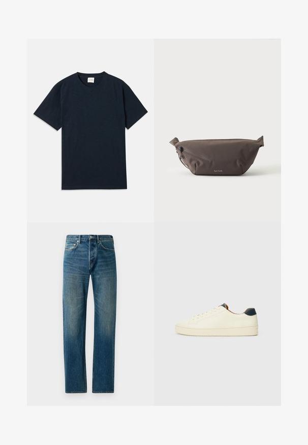 Effen donkermarineblauwe t-shirt met korte mouwen en ronde hals, voorzien van een klein reliëflogo nabij de onderzoom.; Blauwe denim jeans met een recht gesneden ontwerp, voorzien van een vijf-pocketstijl, subtiele vervaging en contrasterende stikselaccenten.; Witte leren sneaker met een gestructureerde oppervlakte, ronde neus en een marineblauwe hielaccent. Bevat zijnaadstiksels en een gestructureerde zool.; Donkerbruine stoffen heuptas met diagonale ritssluiting en klein wit logo aan de voorkant, tegen een effen lichte achtergrond.