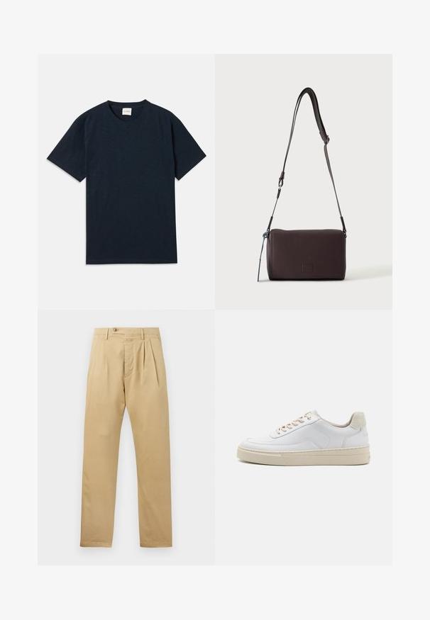 T-shirt à manches courtes en bleu marine uni avec un petit logo embossé près de l'ourlet inférieur.; CLOSED BERGEN TAPERED - Chino - beige; Sneaker blanche avec un dessus en cuir lisse, des lacets beige et un onglet de talon en daim beige texturé. Semelle surélevée pour une hauteur supplémentaire.; Sac bandoulière en cuir marron foncé texturé avec une sangle réglable et un petit accent décoratif bleu sur le côté.