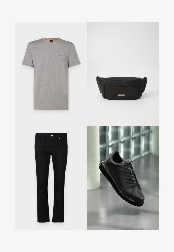 Grauer Baumwoll-T-Shirt mit Rundhalsausschnitt, kurzen Ärmeln und einem kleinen rechteckigen Logopatch im oberen linken Bereich. Geprägter Stoff.; Schwarze Denim-Jeans im slim fit Schnitt, mit geradem Bein, im Fünf-Taschen-Stil und Metallknopfverschluss, mit minimalen Steppdetails.; Schwarzer Leder-Sneaker mit Schnürdesign, ausgestattet mit einer gepolsterten Sohle und reflektierenden Akzenten. Der Schuh schwebt über einer glatten Oberfläche.; Schwarze Nylon-Tasche in Taillenhöhe mit glatter Textur, geschwungener Form und einem vorderen Reißverschlussfach. Mit einem goldenen Logo-Logo.