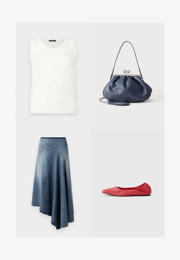 Weißes ärmelloses Tanktop mit rundem Ausschnitt und schwarzem Kragenetikett, dargestellt vor einem schlichten hellen Hintergrund.; Denim-Wickelrock in einem hellen bis dunklen Blauton-Gradient, mit einem gestickten Blumenmuster auf einer Seite und sichtbaren Stichdetails entlang der Ränder.; Filippa K REY FLATS - Klassischer Ballerina - bright red; Weiche navyblaue Ledertasche mit silberner Verschlussklammer, einem einzelnen Schulterriemen und abnehmbarem Ketten-Handgelenksriemen auf weißem Hintergrund.