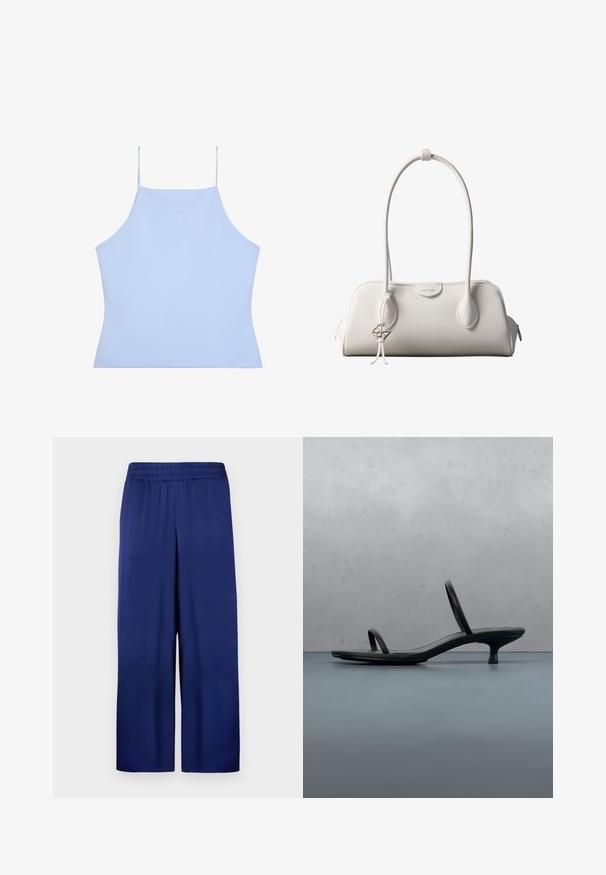 Lyseblå crop top med tynde stropper og lille præget "cK"-logo midt for.; Marineblå buks med bred ben, med elastisk talje, lavet af glat stof, der har et enkelt og funktionelt design uden synlige mønstre.; Sort Calvin Klein sandal med hæl og tynde stropper, balancerende på træfliser udendørs nær en væg og grønne planter.; Hvid Calvin Klein skuldertaske med lange håndtag, rektangulær form, lynlåslukning og dekorativt logohæng tæt på håndtaget.