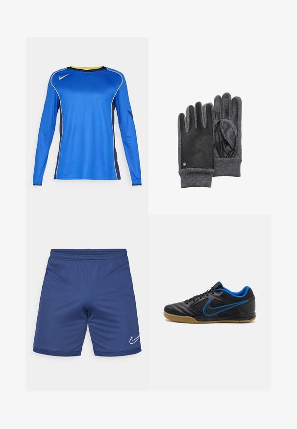 Langærmet atletisk skjorte i livlig blå farve med gule detaljer og mesh tekstur på siderne. Nike-logoen vises på brystet.; Blå atletiske shorts lavet af letvægtsmateriale. Har en elastisk talje og et hvidt Nike swoosh-logo på den nedre side.; Sorte træningssko med blå detaljer, tekstureret syntetisk overdel, snørelukning og gummisål. Har en fremtrædende side logo detalje.; Læder- og grå strikkede handsker med en tekstureret sort læderpalme, ribbede manchetter og diamantmønsterdetaljer på bagsiden.