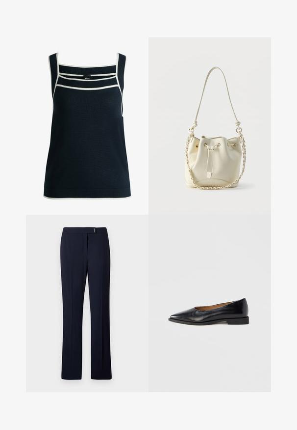 BOSS Top - dark blue four; Navyblauwe op maat gemaakte broeken van een gladde stof, met een platte voorkant, rechte pijpen en een subtiele zilveren accent bij de taille.; Zwarte leren platte schoen met een puntige neus en een lage, vierkante hak. Gladde textuur, minimalistisch ontwerp, zonder zichtbare sieraden of patronen.; Crèmekleurige leren buideltas met trekkoordsluiting, gevlochten ketting- en leren schouderriem, en goudkleurige oogringen.