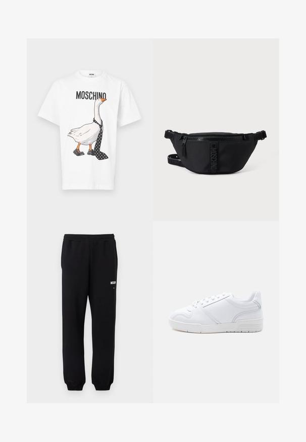 Λευκό βαμβακερό T-shirt με μια καρτούν πάπια που φοράει γραβάτα πουά και μαύρα παπούτσια. Πάνω από την εικονογράφηση είναι τυπωμένο το "MOSCHINO".; Μαύρο παντελόνι φόρμας με ελαστική μέση και μανσέτες, με μικρό λευκό λογότυπο "Moschino" στο πάνω μέρος του αριστερού μηρού.; Λευκό sneaker χαμηλής κοπής με σχέδιο κορδονιών, λείο συνθετικό επάνω μέρος και μοτίβο από καουτσούκ στη σόλα, σε απλό φωτεινό φόντο.; Μαύρο τσαντάκι μέσης Moschino με φερμουάρ μπροστά και ρυθμιζόμενο λουρί σε απλό φωτεινό φόντο.