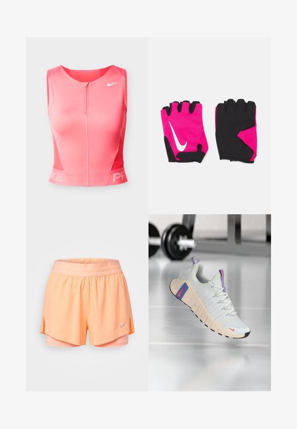Roze atletische cropped top van Nike met een ronde halslijn, rits aan de voorkant en mesh details aan de zijkanten. Voorzien van het Nike-logo en "PRKE" aan de zoom.; Perzikkleurige Nike hardloopshorts met ingebouwde compressielaag, elastische tailleband, zijsplitten en een klein reflecterend logo op het voorste rechterbeen.; Sneaker met een lichtgrijs mesh bovenwerk, gevoerde kraag en een textuur crème zool. Bevat roze en blauwe accenten en een zwarte rubberen loopvlak.; Korte roze handschoenen met zwarte accenten, voorzien van een wit Nike-logo, gewatteerde palmen en een vingerloos ontwerp voor verbeterde grip en flexibiliteit.