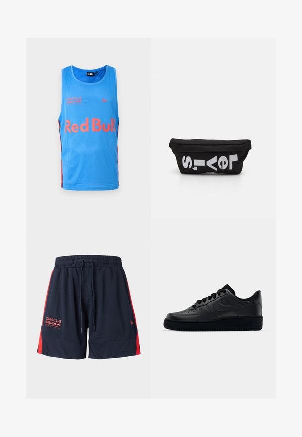 Lyseblå mesh tanktop med røde sidedele. Har "Red Bull" logo og "Oracle Red Bull Racing" tekst trykt på forsiden.; Navy blå mesh shorts med røde sidestykker. Har en elastisk talje og snorelukning. Inkluderer logo broderi på venstre lår.; Sort Nike Air Force 1 sneaker med en glat læderoverdel, perforeret tå for åndbarhed, sorte snørebånd og en textured gummisål.; Sort stoftaske med flad form, prydet med fed hvid tekst. Lynlåsen er placeret øverst, med en løkke detalje på den ene side.