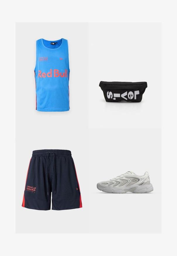 Lichtblauw mesh tanktop met rode zijkanten. Met het "Red Bull" logo en de tekst "Oracle Red Bull Racing" gedrukt op de voorkant.; Marineblauwe mesh korte broek met rode zijpanelen. Voorzien van een elastische tailleband en een trekkoord. Inclusief geborduurd logo op de linker dij.; Witte sportschoen met golfachtige patronen, meshpanelen en dikke gevoerde zool, van opzij getoond op een egale lichte achtergrond.; Zwarte stoffen tas met een platte vorm, voorzien van vet witte tekst. De ritssluiting bevindt zich aan de bovenkant, met een lus-detail aan één kant.